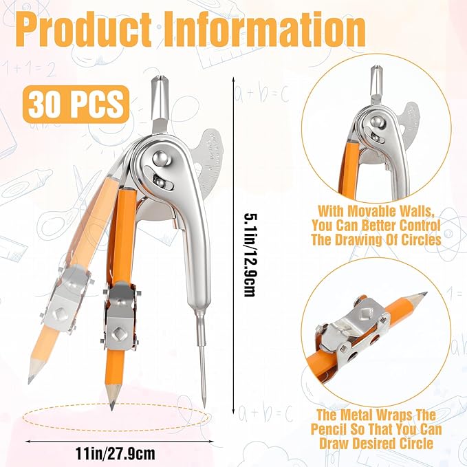30 Pieces Compass for Geometry with Pencil, Metal Geometry Drawing Tool 6 Inch Silver Compass for Math Student Classroom School Office Woodworking Art Drawing
