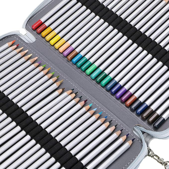 BTSKY 200 Slots Colored Pencil Organizer - Deluxe PU Leather Pencil Case Holder With Removal Handle Strap Pencil Box Large for Colored Pencils Watercolor Pencils Grey