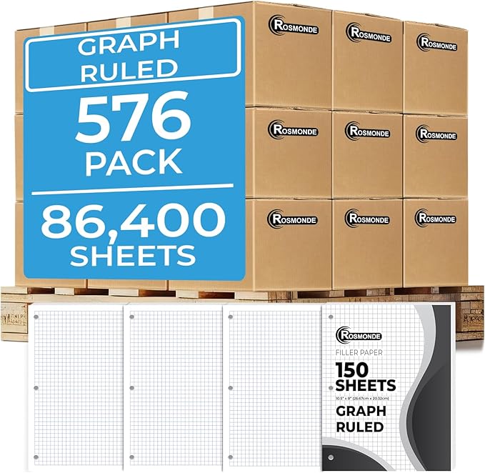 Rosmonde Graph Paper Bulk, 576 Pack(Pallet), 86400 Sheets, 4x4, Pallet of Loose Leaf Paper, 8" x 10.5", Bulk Graphing Paper, Grid Papers, 3 Hole Punched for Binders, Quad Ruled Paper, 4-7 Days Transit
