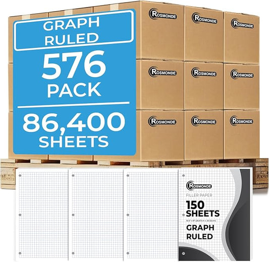 Rosmonde Graph Paper Bulk, 576 Pack(Pallet), 86400 Sheets, 4x4, Pallet of Loose Leaf Paper, 8" x 10.5", Bulk Graphing Paper, Grid Papers, 3 Hole Punched for Binders, Quad Ruled Paper, 4-7 Days Transit