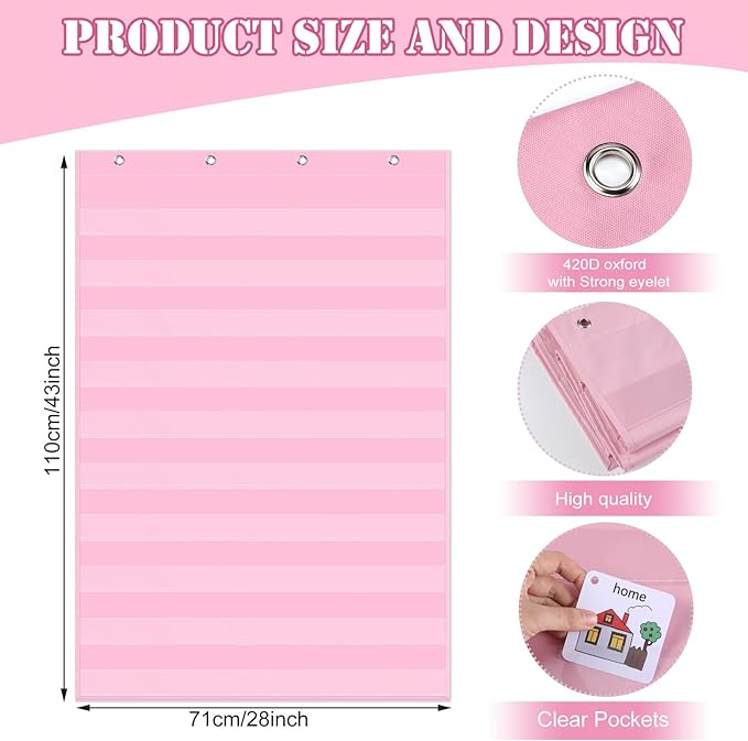 Standard Pocket Chart 28 x 43 Inches Transparent 10 Pocket Charts for Word Walls Letter Cards Sentence Strips School Classroom Supplies Home Back to School Teacher Gifts(Nude Pink)