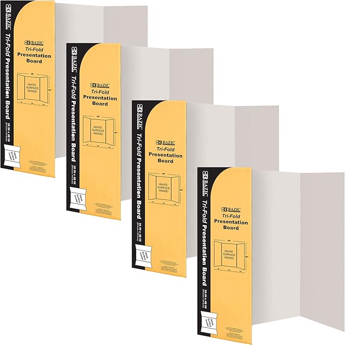 BAZIC Products Trifold Poster Board – White Corrugated Cardboard Display Board for School Projects, Science Fairs, Photos, Charts, and Classroom Presentations, 36" X 48", 4-Pack
