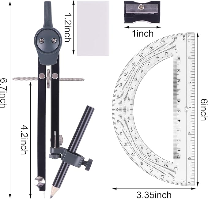 UNJOO Professional Compass for Geometry Set, Metal Compass with Wheel and Lock for Geometry, Drawing Compass Tool, Circle Drafting Tool, and 6 Inch Math Protractors 180 Degree (Silver)