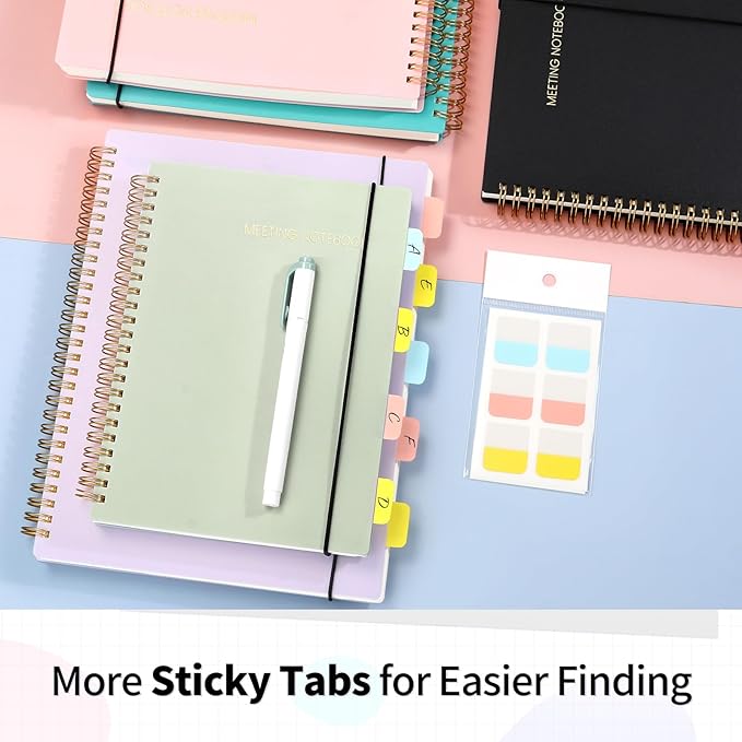 SUNEE Meeting Notebook for Work with Sticky Tabs - 160 Pages, A4 Size Project Planner, Spiral Meeting Agenda/Minutes Notebook Organizer for Women Men, Note Taking, Office&Business,8.5"x11", Sage Green