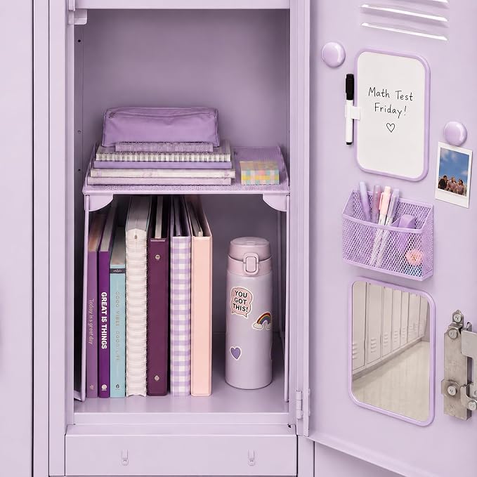 Svartur Locker Accessories with Locker Shelf, Magnetic Mirror, Magnetic Pen Holder, Magnetic Small Whiteboard, Back to School Essentials Locker Decorations, 7 Piece Locker Organizer for Work, Purple