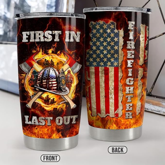 SANDJEST Firefighter Tumbler 20oz Stainless Steel Insulated Coffee Travel Mug Cup for Men Fireman Firefighters Gifts for Birthday Christmas Fathers Day