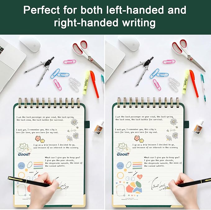 Mousbull A5 Top Spiral Notebook, Large Leather Hardcover Top Bound Steno Pads, 240 Pages 100 gsm Thick Lined Paper Left Handed Notebook Journal for Work, School, Meeting Writing - Green, 5.9" x 8.5"