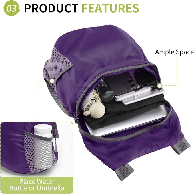 Ultra Lightweight Hiking-Daypack,Foldable Travel Packable Backpack | 20L Foldable Bag for Camping Cycling Outdoor,Day Pack for Men Women,Purple