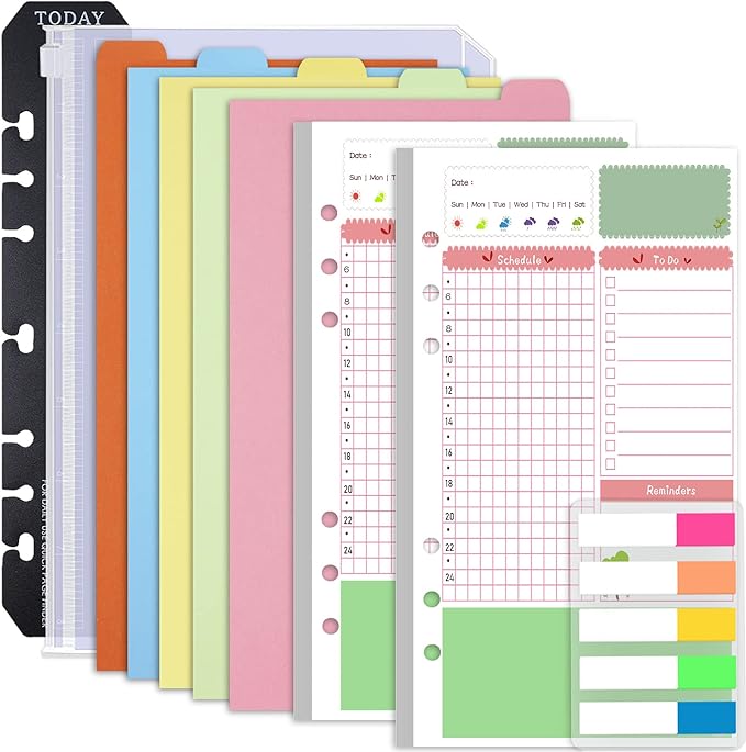 Rancco A6 Planner Inserts Daily Planner Refills, 90 Pages Colorful 6-Ring Loose-leaf Binder Inserts w/Divider, PVC Pouch, Ruler, Index Tab for Journal, Filofax, Double-sided, Undated,6.9x3.7"