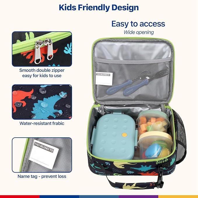 Bagseri Kids Lunch Bag with Ice Pack Included - Insulated Lunch Box for Boys Reusable Meal Tote for School & Travel, Black Dinosaur