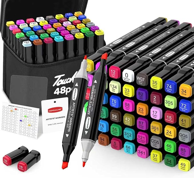 HOMESILMO 48 Color Alcohol Pen Set, Double Tip Art Adult Alcohol Pen, Mixed Sketching Art Supplies, Sketchbook, Coloring Drawing Card, Illustration Production, Brush Head and Chisel Head Double Tip