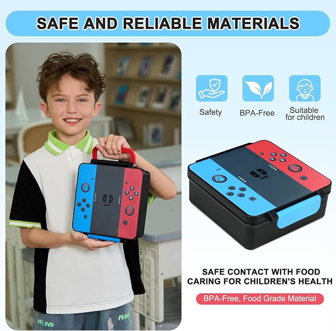 Gamer Bento Lunch Box for Kids, 60 OZ Kids Lunch Box with 8 OZ Leakproof Stainless Steel Insulated Food Jar, 3-4 Compartments Bento Box for School, Includes Sauce Cup & Divider (Blue-Red-A2)