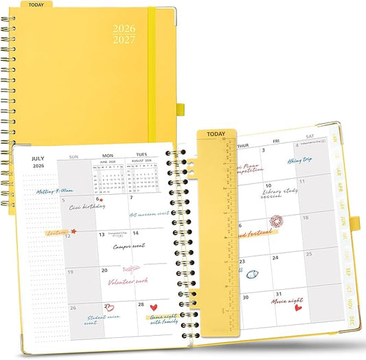 POPRUN 2026-2027 Monthly Planner, 18 Month Calendar (July 2026-Dec 2027), 7.5" x 9.5" B5 Spiral Hardcover Organizer with Dotted Note Pages, Professional Appointment Book for Business Office, Students & Teachers - Light Yellow