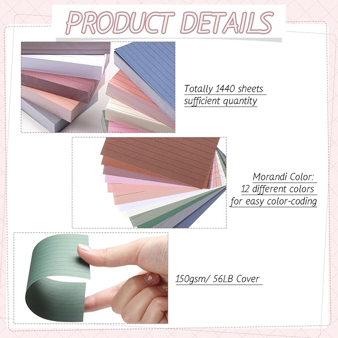 Ctosree 1440 Pcs Colored Index Cards 3 x 5 Inch Flash Cards for Studying Lined Study Note Sheets with Printed Ruled on Both Sides for Studying Memory Learning School, 12 Colors(Morandi Color)