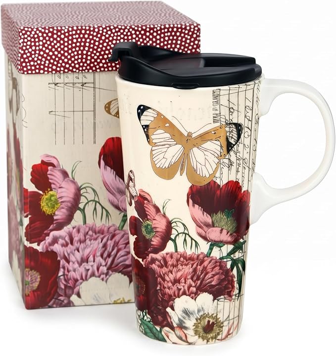 Topadorn 17 oz Ceramic Coffee Mug with Lid and Gift Box, Large Floral Coffee Cup with Handle, Porcelain Tea Mug for Women, Butterfly Design for Home Office