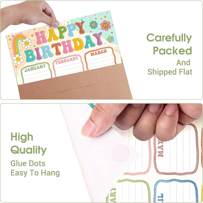 FaCraft Boho Birthday Chart Poster for Classroom - 16.5"x12" Reusable Laminated Happy Birthday Calendar with Glue Dots Bulletin Board Decorations Back to School Teacher Supplies Class Wall Decor