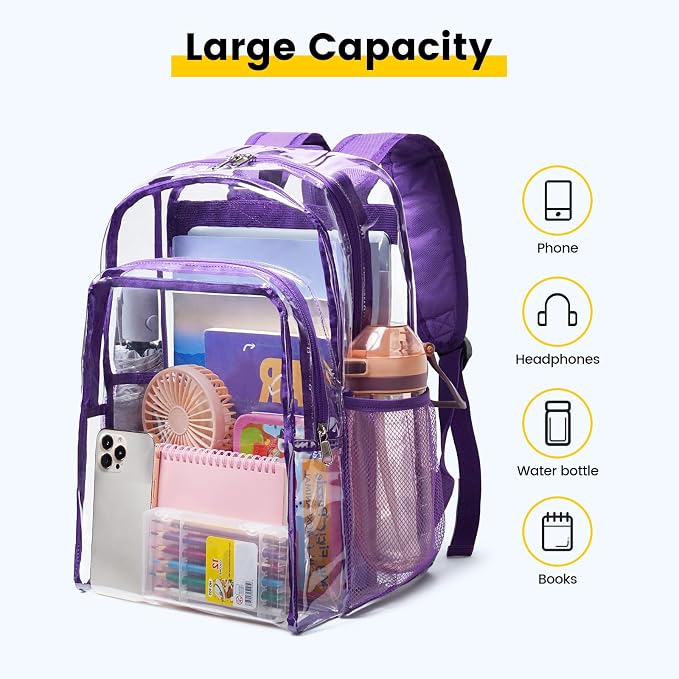 Vorspack Clear Backpack Heavy Duty - Large Clear Backpacks Transparent Bookbag for Girls Boys Large See Through Bag for Work, College, Concert - Purple