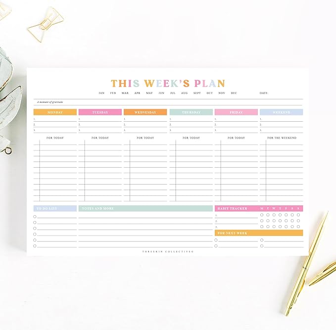 ThreeKin Weekly Planner - Premium 52-Sheet Tear-Off Notepad, 6 x 9 inches, Clean Colorful Design, Perfect for Work, School, Projects, and Entrepreneurs, Female & USA Owned Business