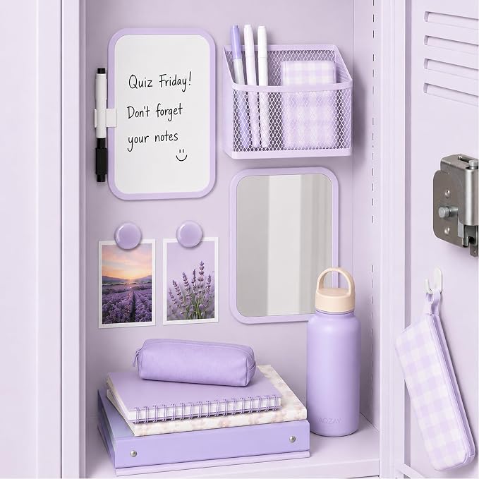 Svartur Locker Accessories for Girls with Magnetic whiteboard, Locker Mirror and Pen Holder, Pink Locker Decoration for School Locker, Back to School Essentials, Purple