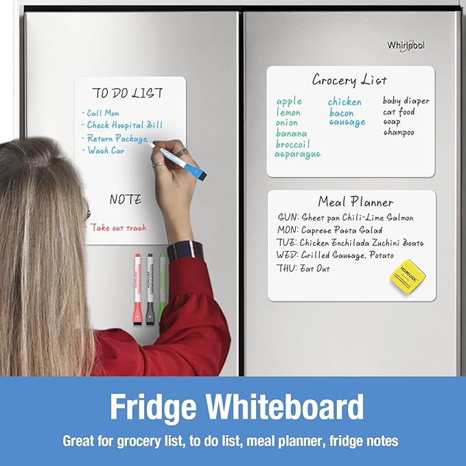 HOMiDEK Magnetic Whiteboard for Fridge, 3 Pack Small Magnetic Dry Erase Boards with 4 Markers & 1 Eraser, Reusable Blank Magnet White Board Sheets for Home, Kitchen, Office, Classroom - 8 x 12