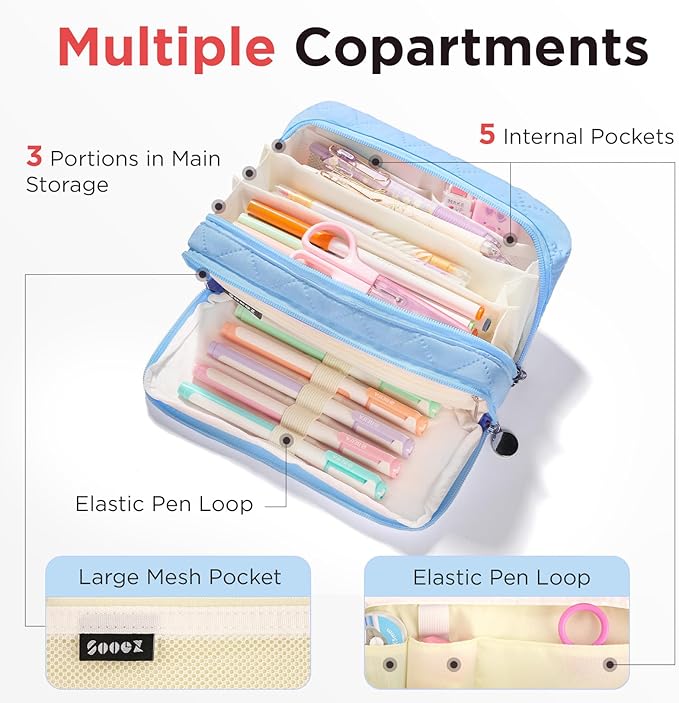 Sooez Large Pencil Case Pouch, Extra Big Pencil Bag with 8 Compartments, Pen Bag Wide Opening, Soft Quilted Pencil Pouch Organizer with Zipper, Portable Pencil Case for Teen Girls, Dark Blue