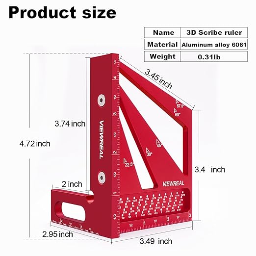 Multi-Angle 3D Measuring Ruler: 22.5/30/45/60/67.5/90 Degree Aluminum Alloy Square Ruler Protractor, Ideal for Engineer Carpenter Crafting, Drawing