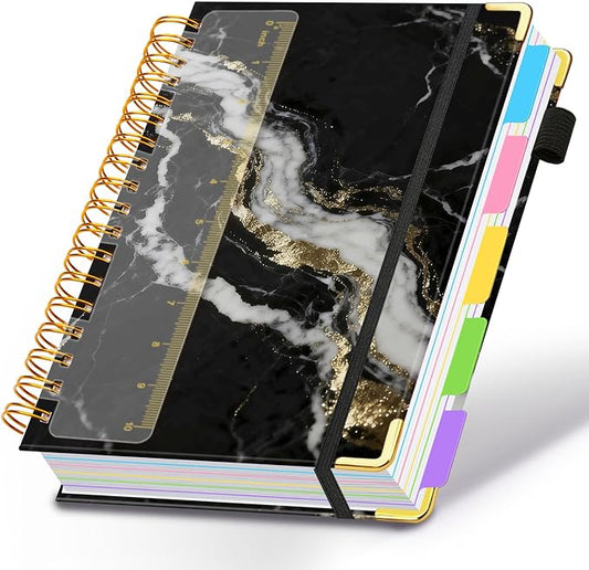 Spiral Journal Notebooks for Work, 300 Pages 5 Subject Notebook College Ruled with Dividers & Tabs, A4 Notebook Journal for Women Students Note-Taking and Organizer (Midnight Marble)