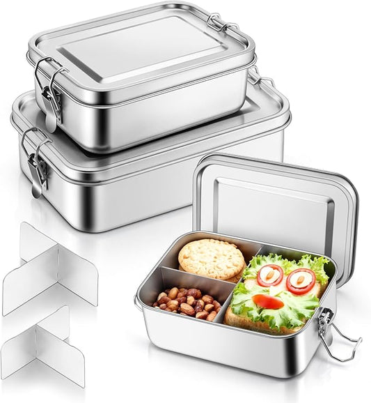 TeamFar Stainless Steel Bento Box, 3 Pack (28 & 47 & 81oz) Metal Lunch Box with 3 Compartments for Adults/Kids, Lunch Food Containers for School/Work/Meal Prep, Leak-Proof, 850ML+1400ML+2400ML