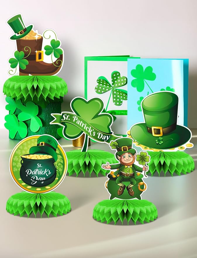 9Pcs St Patricks Day Table Decorations, Green St. Patrick's Day Honeycomb Centerpieces 3D St Patricks Day Decorations for Table Irish Shamrock Centerpiece for St Patricks Day Party Supplies
