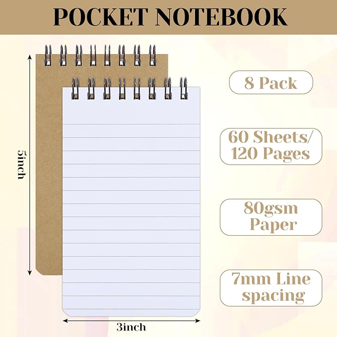 Thboxes 8 Pack Pocket Notebook, 3x5 Small Spiral Notebooks with 60 Sheets/120 Lined Pages Small Notebook Spiral Notepads Mini Note Pads Notebooks for Nurse Gifts School Office (Brown)