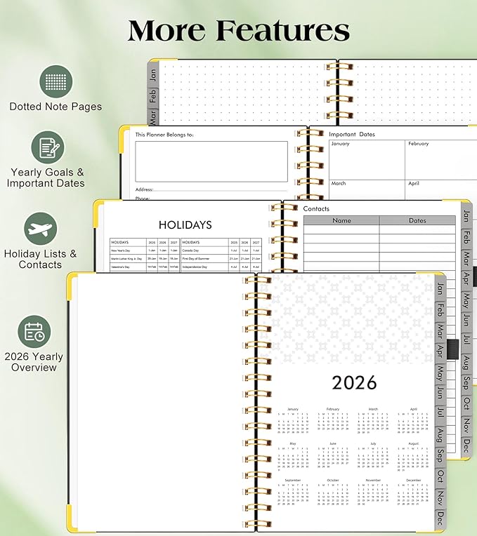 2026 Planner, Hardcover Leather Weekly and Monthly Planner, January 2026 - December 2026, Spiral Yearly Agenda Organizer Book 2026 with Tabs, Daily Calendar Planners for School Work Home, A5 (5.75" x 8.38"), Black