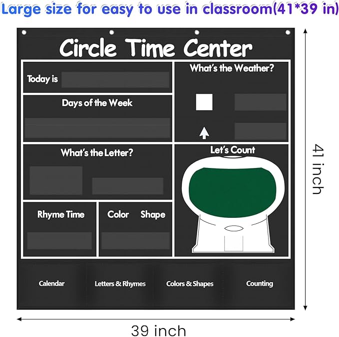 Auchq Circle Time Learning Center Pocket Chart, Heavy-Duty Kids Calendar for Classroom, Educational Pocket Chart Learning Calendar Weather Letter Counting Rhyme Color Shape(Black)