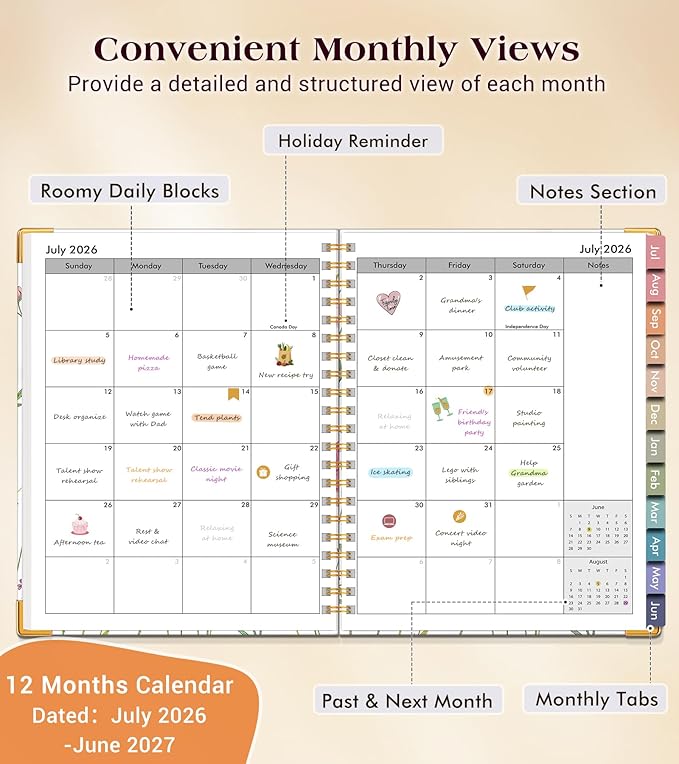 Academic Planner 2026-2027, Hardcover Weekly and Monthly Calendar Planner from July 2026 - June 2027, 8.5" x 11" A4 Large Daily Agenda with Tabs, College School Organizer for Student Teacher, Ivory Wild Flowers