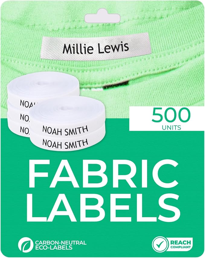500 Personalized Iron-On Fabric Labels - Custom Name Tags for Clothing, School Uniforms, Elderly Garments - Durable, Washable, Eco-Friendly - 2.4x0.4 Inches