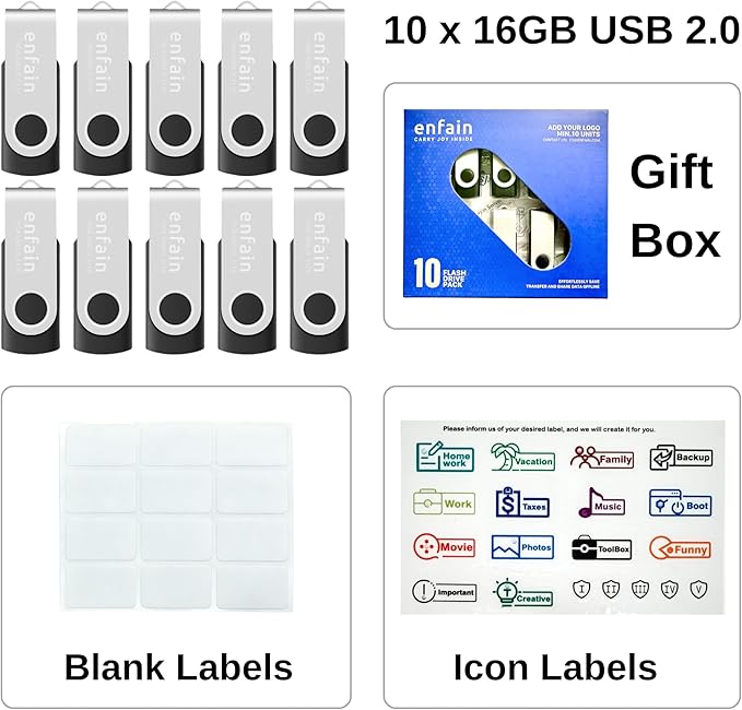 Enfain 16GB USB 2.0 Flash Drive 10 Pack | Swivel Thumb Drives with 31 Labels | Gift-Ready Packaging for Corporate Events, Office & Team Distributions (Black)