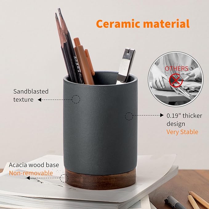 Ceramic Pen Holder for Desk, Pencil Organizer & Makeup Brush Holder, Office Decor and Desk Accessories, Perfect Office Organization, Teacher Supplies (Dark Grey, Set of 1)