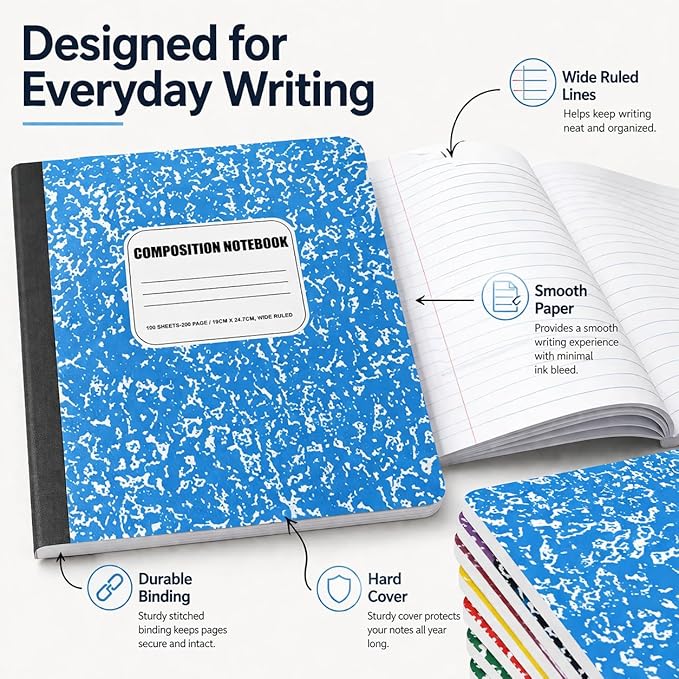 CLEENTABLE Composition Notebook 8 Pack, Wide Ruled Paper, Marble Cover Notebooks for School, 9.75 x 7.5 Inches, 100 Sheets (200 Pages), Sewn Binding Comp Books, Blue