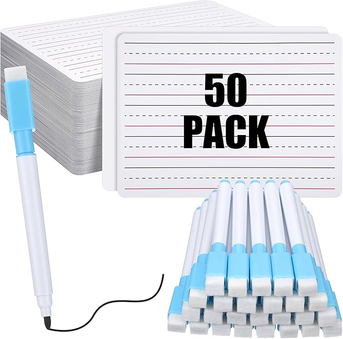 ReliThick 50 Pcs Lined Dry Erase Board with Markers 9 x 12 Double Sided Whiteboards Dry Erase Lapboards with Lines Ruled Writing Board Handwriting Practice