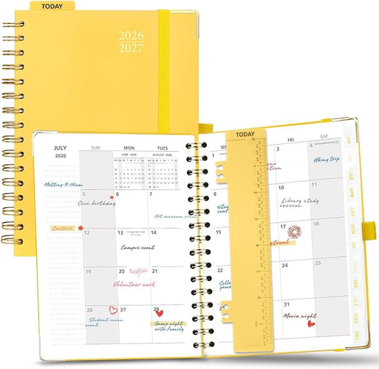 POPRUN 2026-2027 Monthly Planner, 18 Month Calendar (July 2026-Dec 2027), 6.25" x 8.5" A5 Spiral Hardcover Organizer with Dotted Note Pages, Professional Appointment Book for Business Office, Students & Teachers - Light Yellow