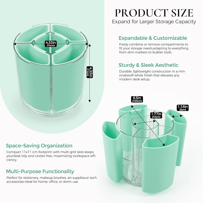 KONVINIT Green Pen Holder for Desk, 5 Slots 360° Rotating Pen Organizer, Cute Desk Organizers and Accessories for School, Home, Office and Art Supply