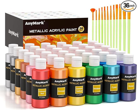 AnyMark Acrylic Paint, 36 Metallic Colors with 12 Brushes, 2 fl oz/60ml Bottles, Glitter Acrylic Paint Set for Kids Adults Canvas, Rock, Wood