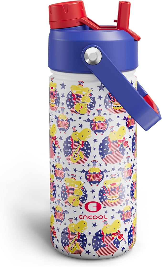 Kids Insualated Water Bottle with Straw,18oz Stainless Steel Water Bottle with Dual Spouts, Leak-Proof,BPA-Free,Double Wall Vacuum Keeps Cold for 24 Hours for Sports,Travel,School (White Hippo Parade)