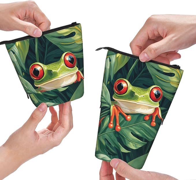 Green Frog Standing Pencil Case Cute Telescopic Stationary Pouch with Zipper Large Capacity Stand up Pen Bag Portable Makeup Holder for School Office Supplies