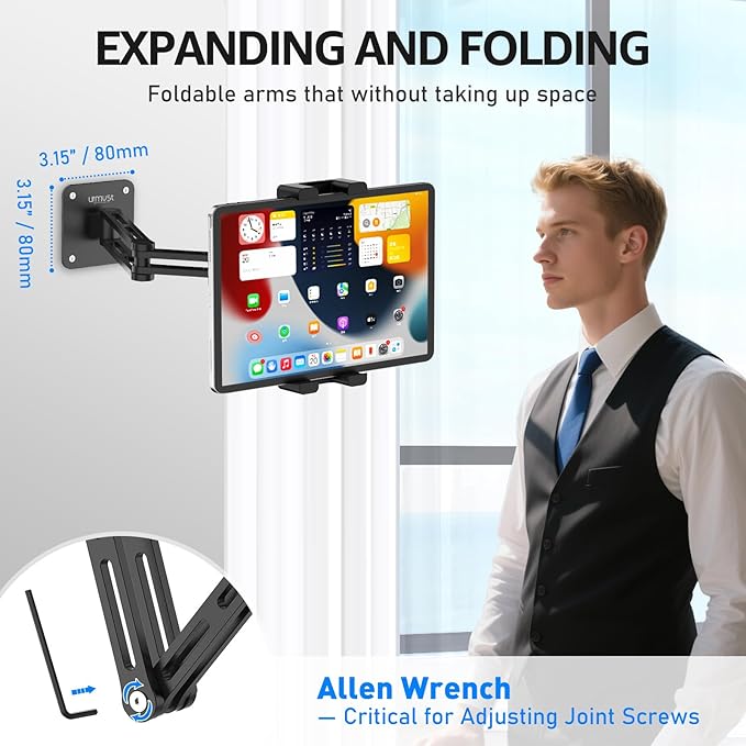 Urmust Tablet Wall Mount Holder for iPad, 360 Rotation Adjustable Stand with Aluminum Extendable Arm, Compatible with iPad mini/Air/Pro/Galaxy Tab/Kindle, All 4.7-15.6" Phones & Tablets
