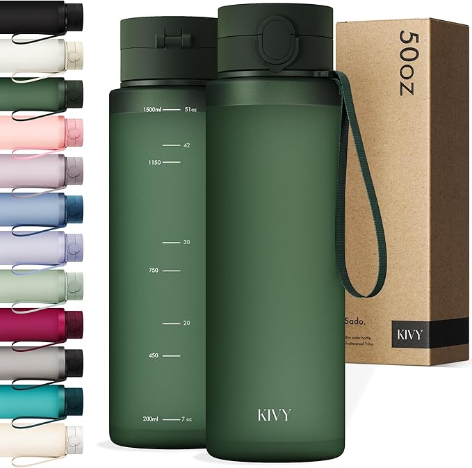 KIVY Slim Water Bottle 50oz with Leakproof Flip Lid [Lightweight & Shatterproof] for Travel, Sports, School - Extra large water bottle no straw - 1.5 Liter water bottles