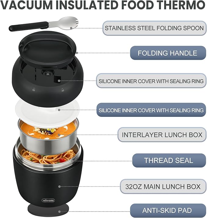 wiwens Thermo Food Jar for Hot Food Adults 32OZ Soup Thermo Lunch Containers Wide Mouth Vacuum Insulated Stainless Steel Leakproof Bento Box with Spoon