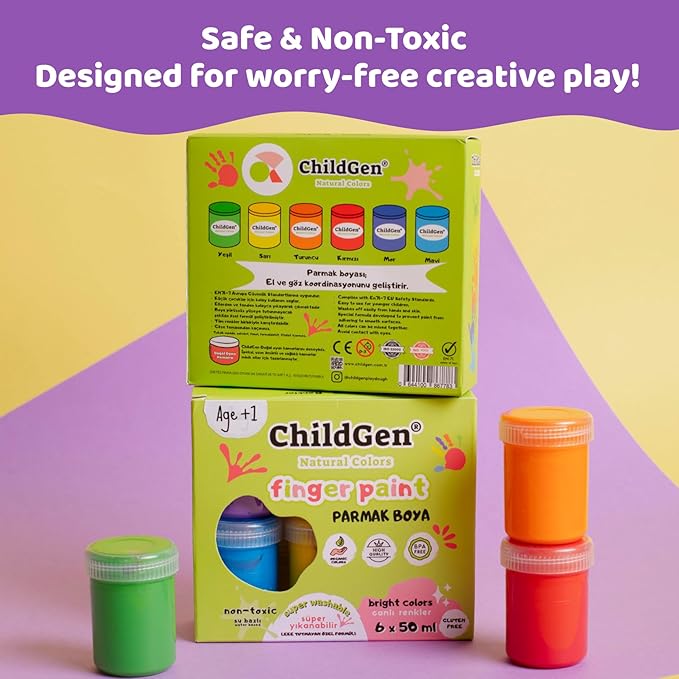 ChildGen Washable Finger Paint Set for Kids, 6 Bright Non-Toxic Colors – Safe, Easy Clean, Arts & Crafts Paint for Toddlers & Children