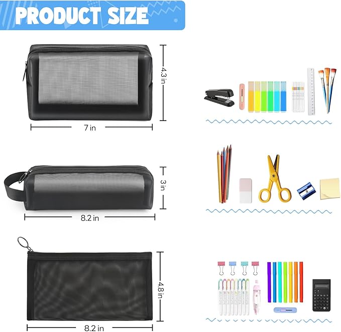 Mesh Pencil Case 3 Pack Clear Pencil Pouch, Pencil Bag, Cosmetic Toiletry Bag for Purse, College Essentials School Supplies (Black)