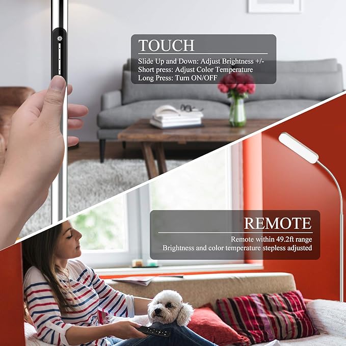 Wio-Mio 15w/1000lm Bright LED Floor Lamp with Stepless Adjustable 3000K-6000K Colors and Dimmer, Remote and Touch Control Reading Lamp, Adjustable Gooseneck Floor Lamp for Living Room