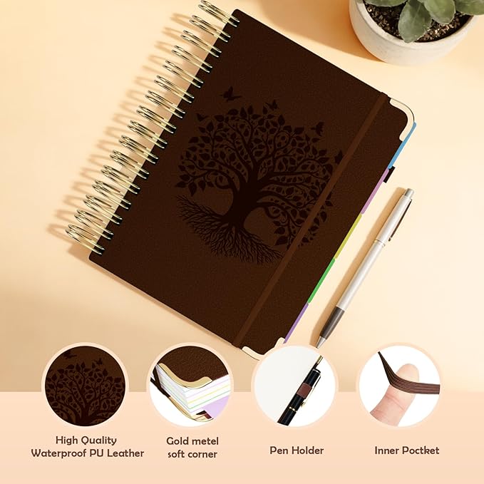 QIYVLOS Hardcover Spiral Notebook, B5 Journal with Removable Dividers Tabs, 5 Subject Notebook College Ruled, 320 Pages 8"x10" Leather Notebooks for Work School Study, Lined Journal for Women, Brown